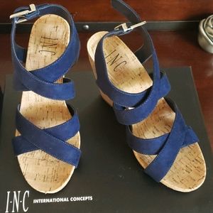 INC Navy 7M Cork Wedge Sandals